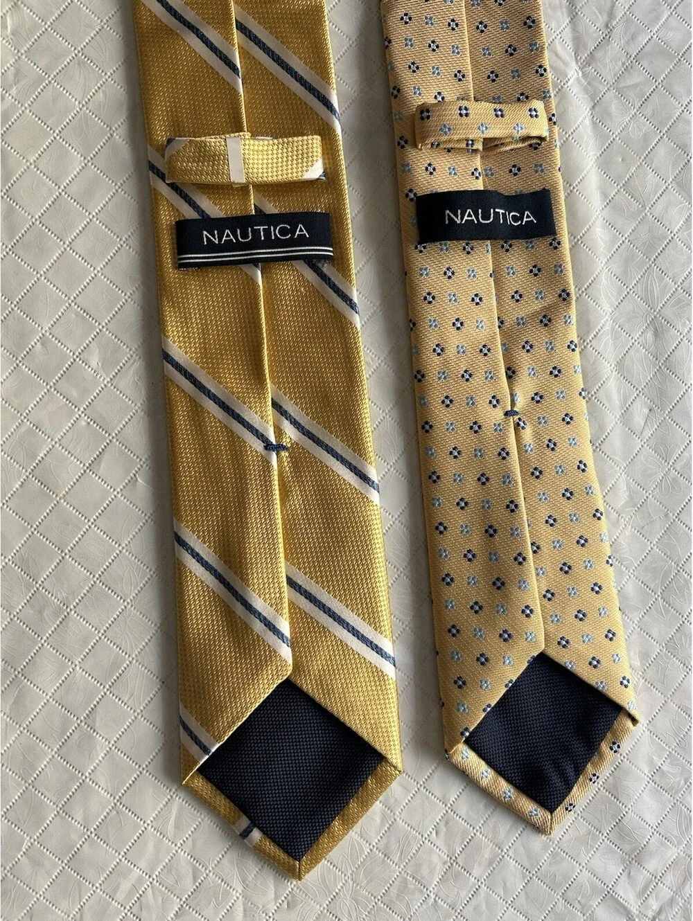 Set Of 2 Nautica Yellow Blue Ties Stripes Flowers Silk Polyester EUC